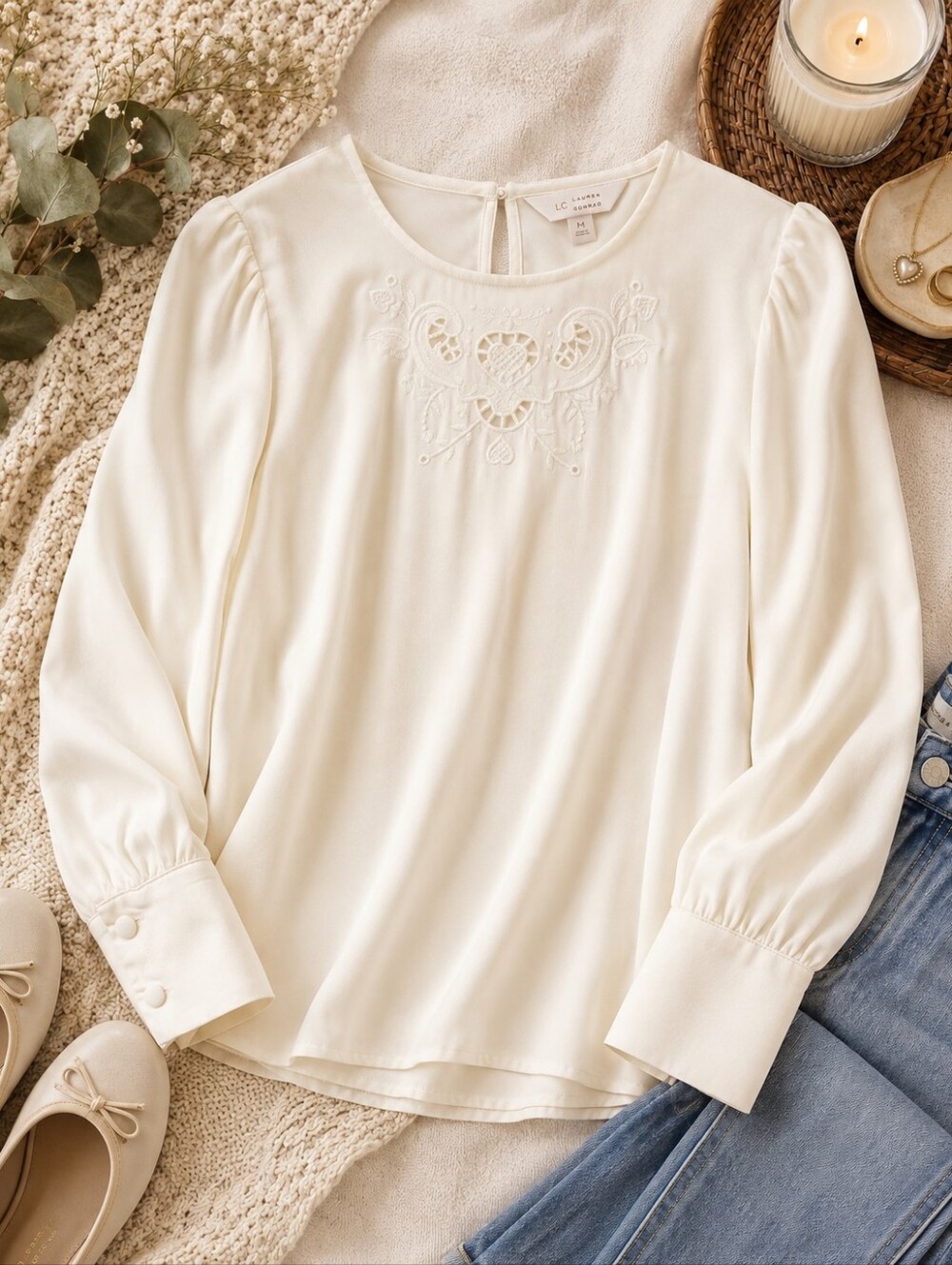 LC Lauren Conrad Cream Embroidered Long-Sleeve Blouse with Buttoned Cuffs
